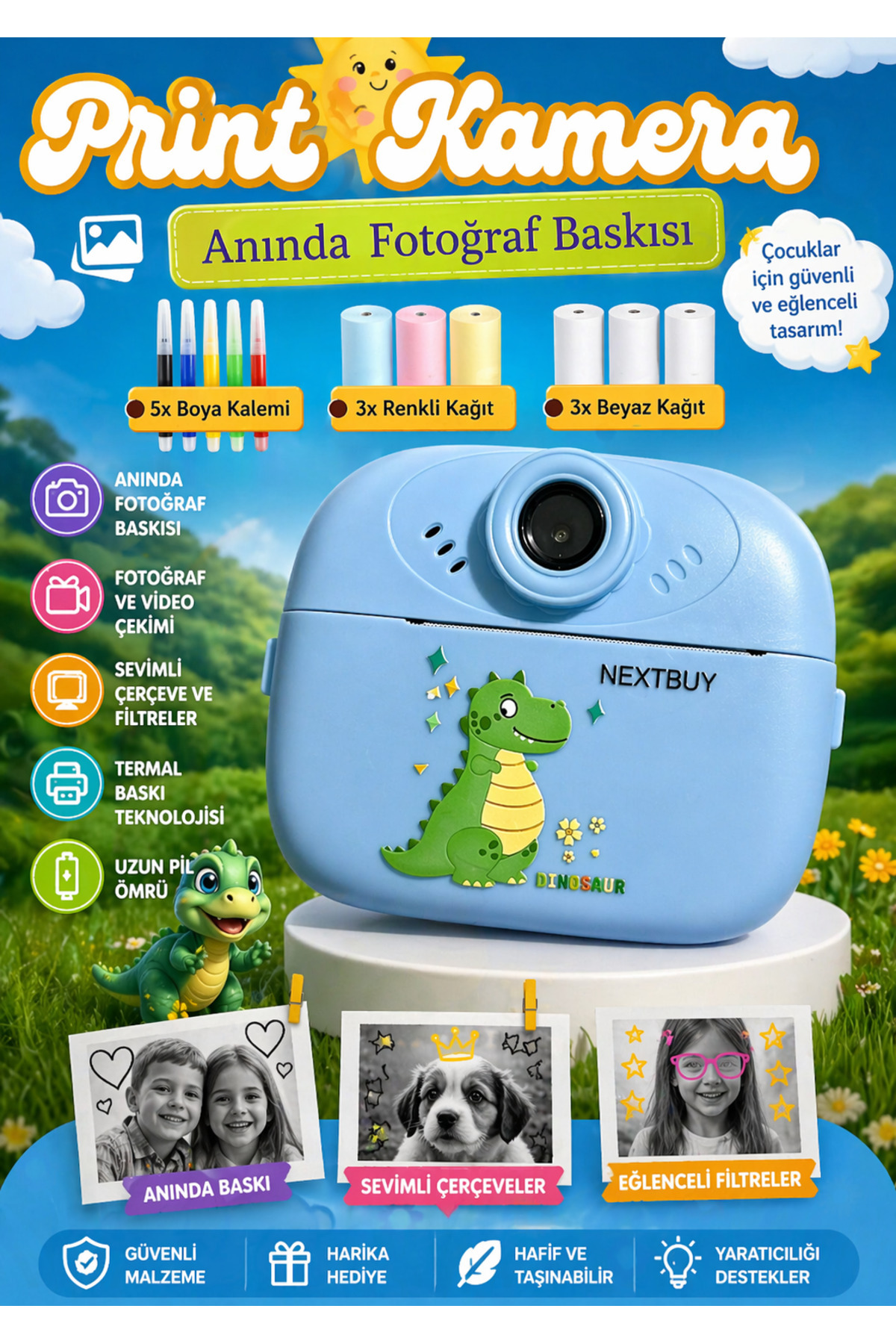 nextbuy Print Camera Çocuk Fotoğraf Makinesi Dijital HD Video Kamera Anlık Termal Resim Kağıt Baskılı Yazıcı