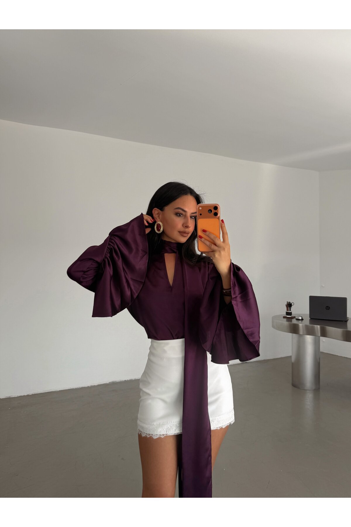 myd Scarf Detail Spanish Sleeve Satin Blouse - Plum