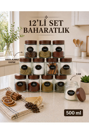 naturelove 12'li Etiketli Çizgili Cam Kavanoz Baharatlık Seti – Plastik Conta...