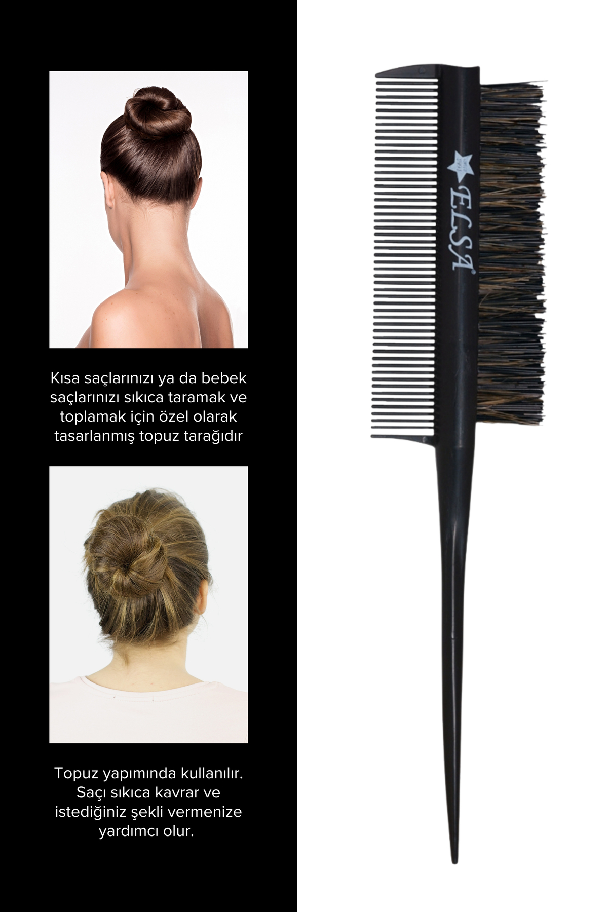 Professional 0.34 Topuz Fırçası 3 In 1 Krepe Şiş Tarak Sleek Bun — مشکی 034 — تصویر 3 از 4
