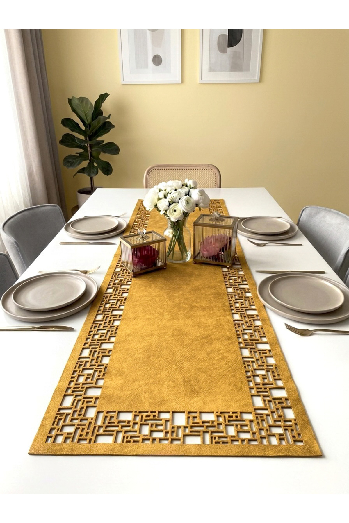 Mustard Yellow Suede Fabric Runner 40x140 Cm Table Length -geometric Rectangular Pattern