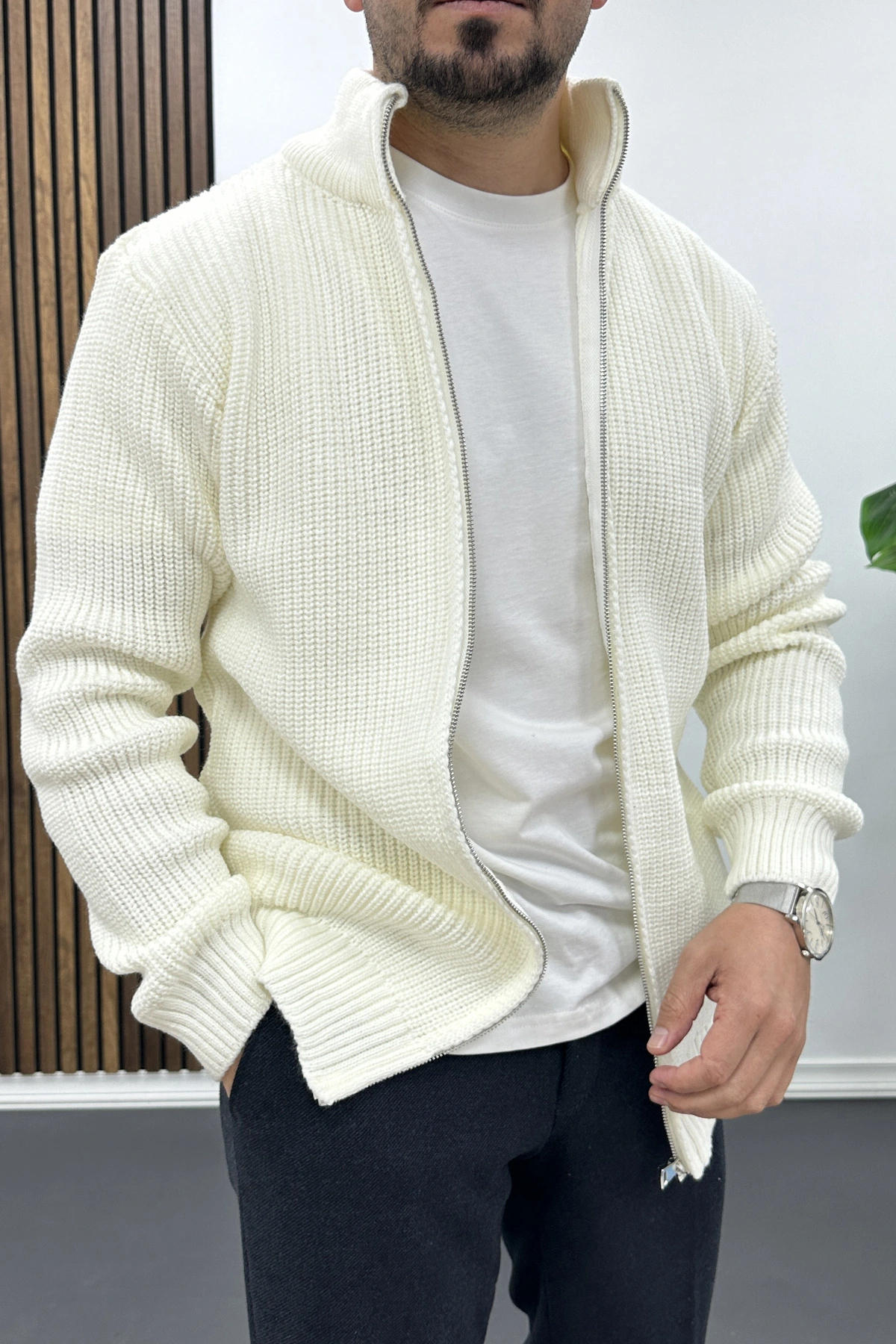 Erkek Slim Fit Fermuarlı Hırka Ekru Edw434 — اکرو EDW00TX434 — تصویر 3 از 4