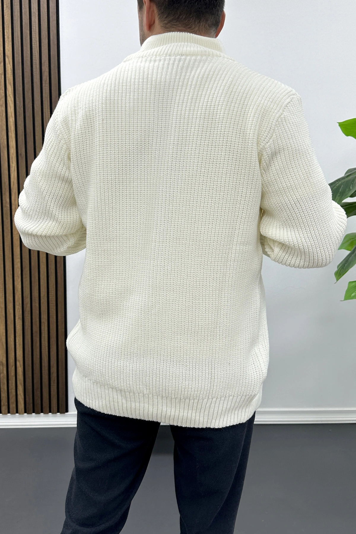 Erkek Slim Fit Fermuarlı Hırka Ekru Edw434 — اکرو EDW00TX434 — تصویر 4 از 4