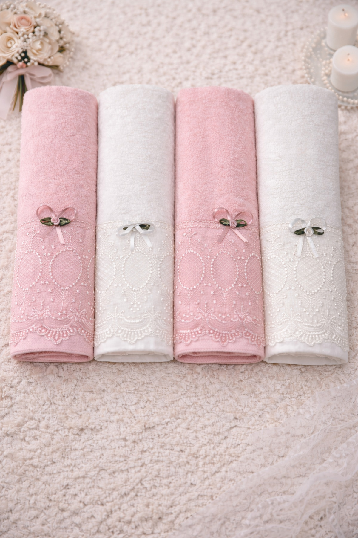 4-Piece 100% Cotton Bridal Groom Bundle Dowry Gift French Guipure 50x90 Hand Face Towel Set