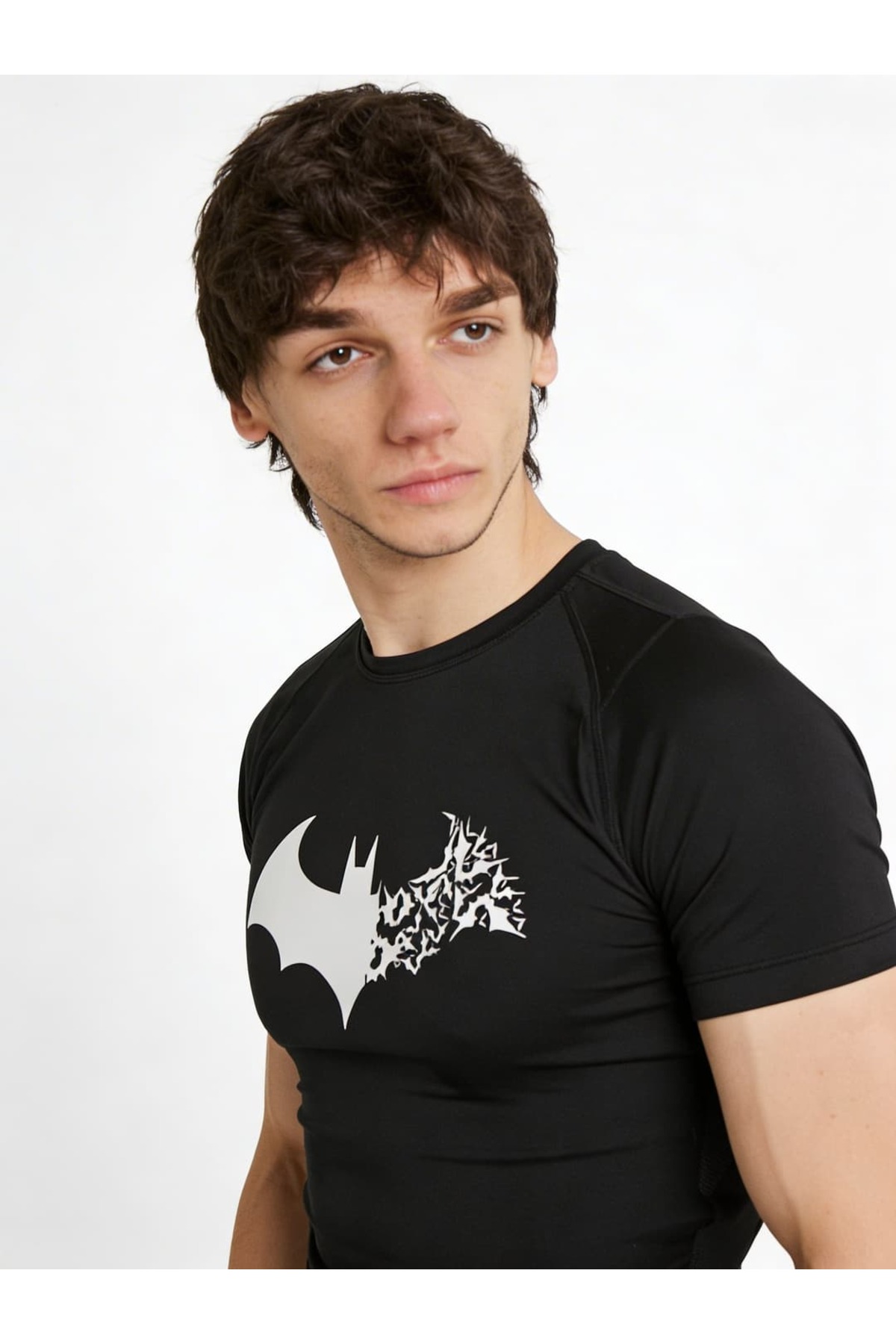 Yokedwear Batman Compression Dar / Slim Bisiklet Yaka Tişört siyah Unisex Genç görsel 2