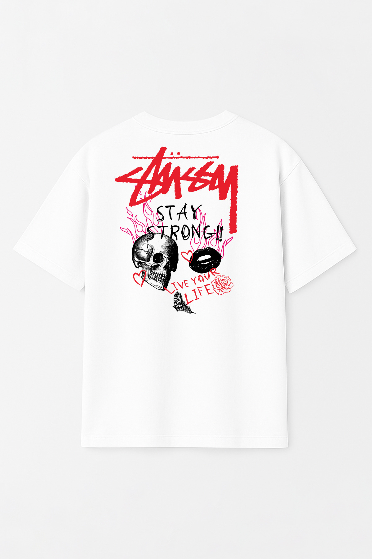 Unisex Stüssy Stay Strong Baskılı Oversize %100 Pamuk Geniş Kesim Dokulu Bisiklet Yaka Tişört RF0668