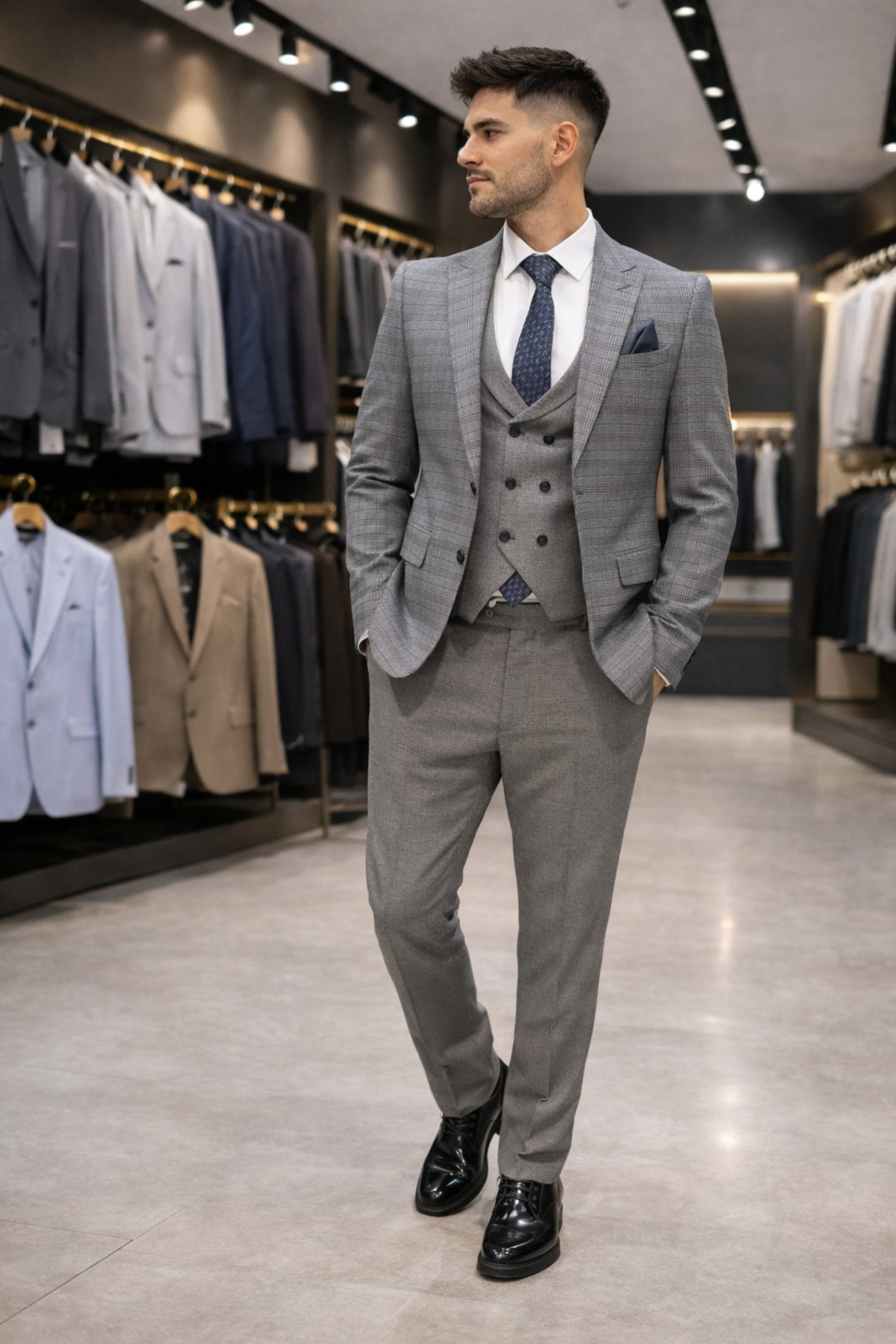 ŞIK ADAM Slim Fit Gri Ekose Yelekli Klasik Takım Elbise görsel 2