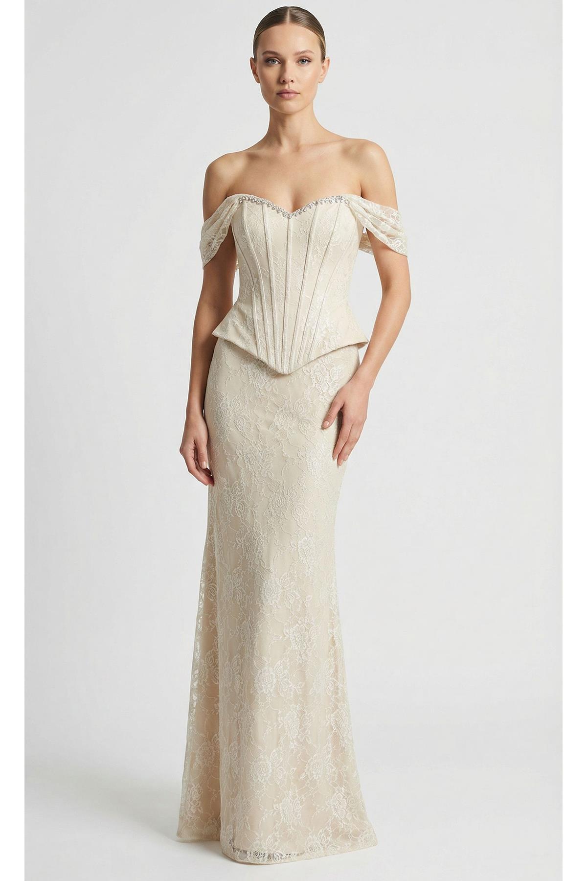 Beige Corset Lace Evening Dress