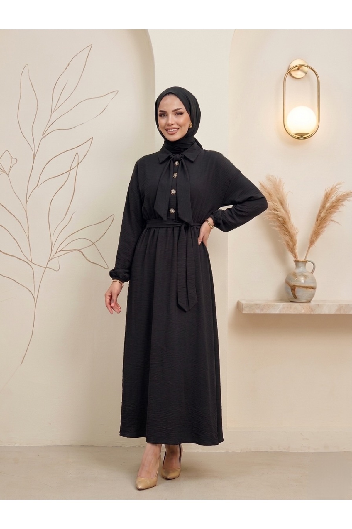 Women's Black Cotton Modal Flowing Belted Dress - Mevlana Model Modest Dress with Elastic Waist