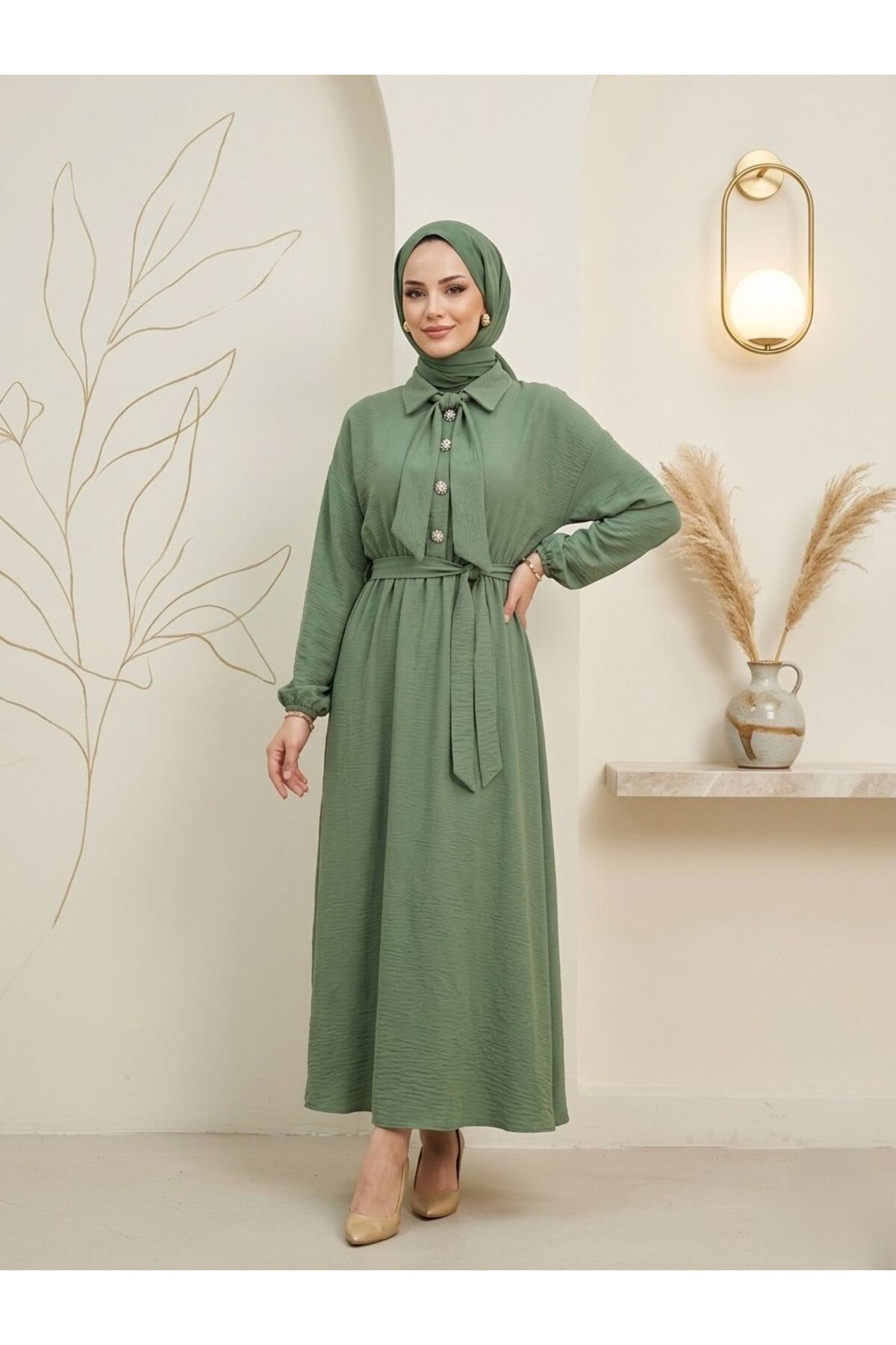 Women's Black Cotton Modal Flowing Belted Dress - Mevlana Model Modest Dress with Elastic Waist