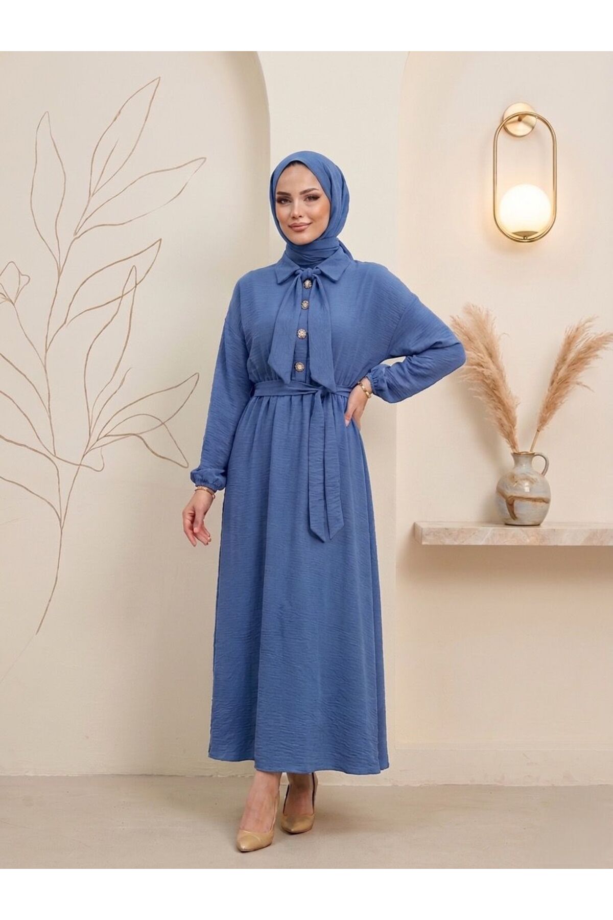 Women's Black Cotton Modal Flowing Belted Dress - Mevlana Model Modest Dress with Elastic Waist