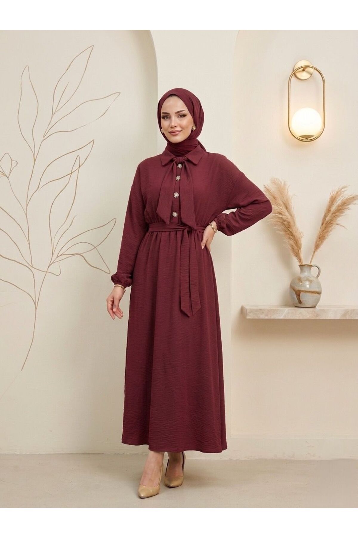 Women's Claret Red Cotton Modal Flowing Belted Dress - Mevlana Model Modest Dress with Elastic Waist