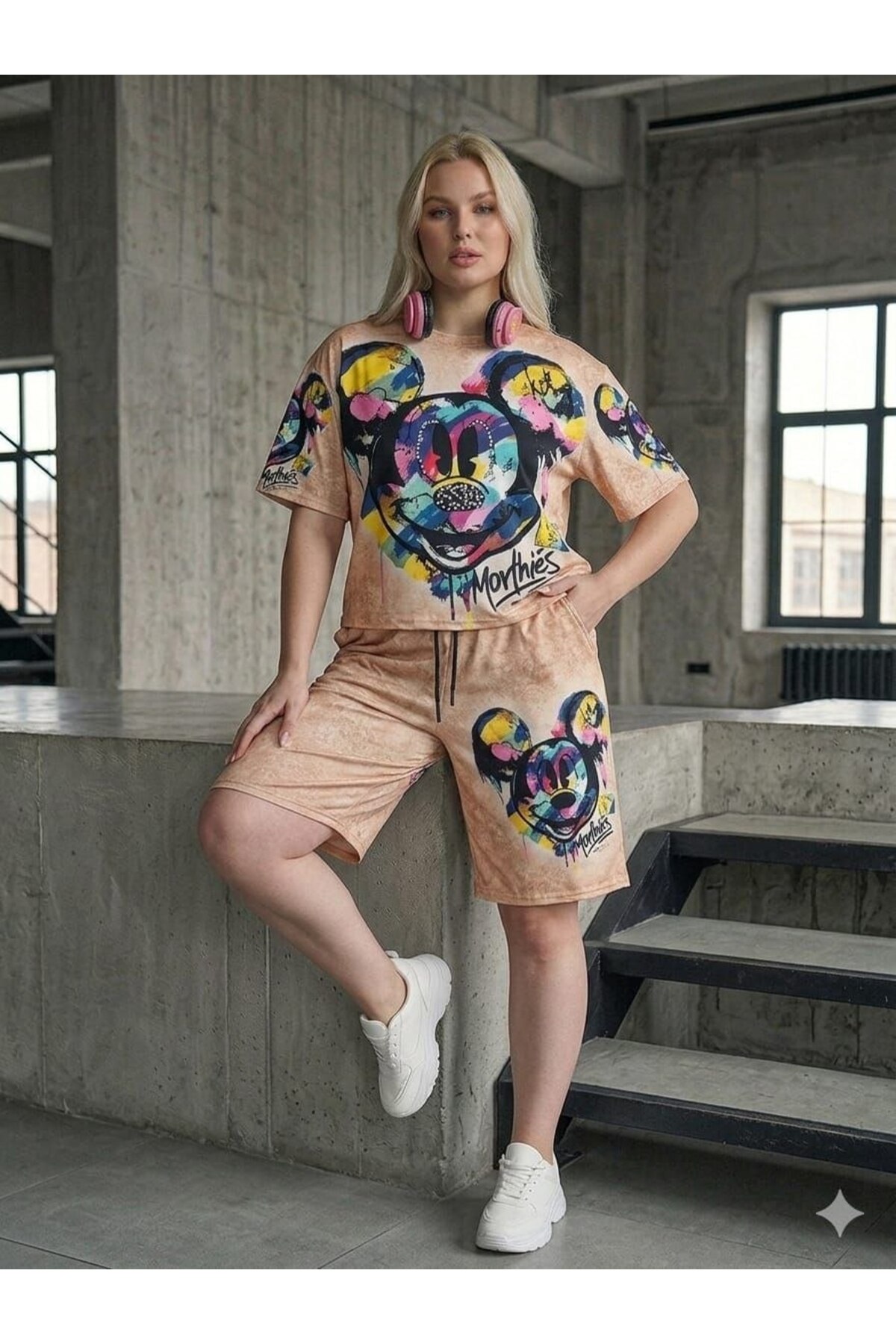 TREND DIGITAL STONE PRINT EMBROIDERY SEQUIN OVERSIZE SHORT SLEEVE SPORTS SUIT-DIGITAL STONE PRINT TRACKSUITSET