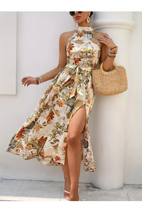 alyn wear Kadın Omuzlardan Açık Halter Yakalı Yırtmaçlı çiçek Desenli Süprem ...