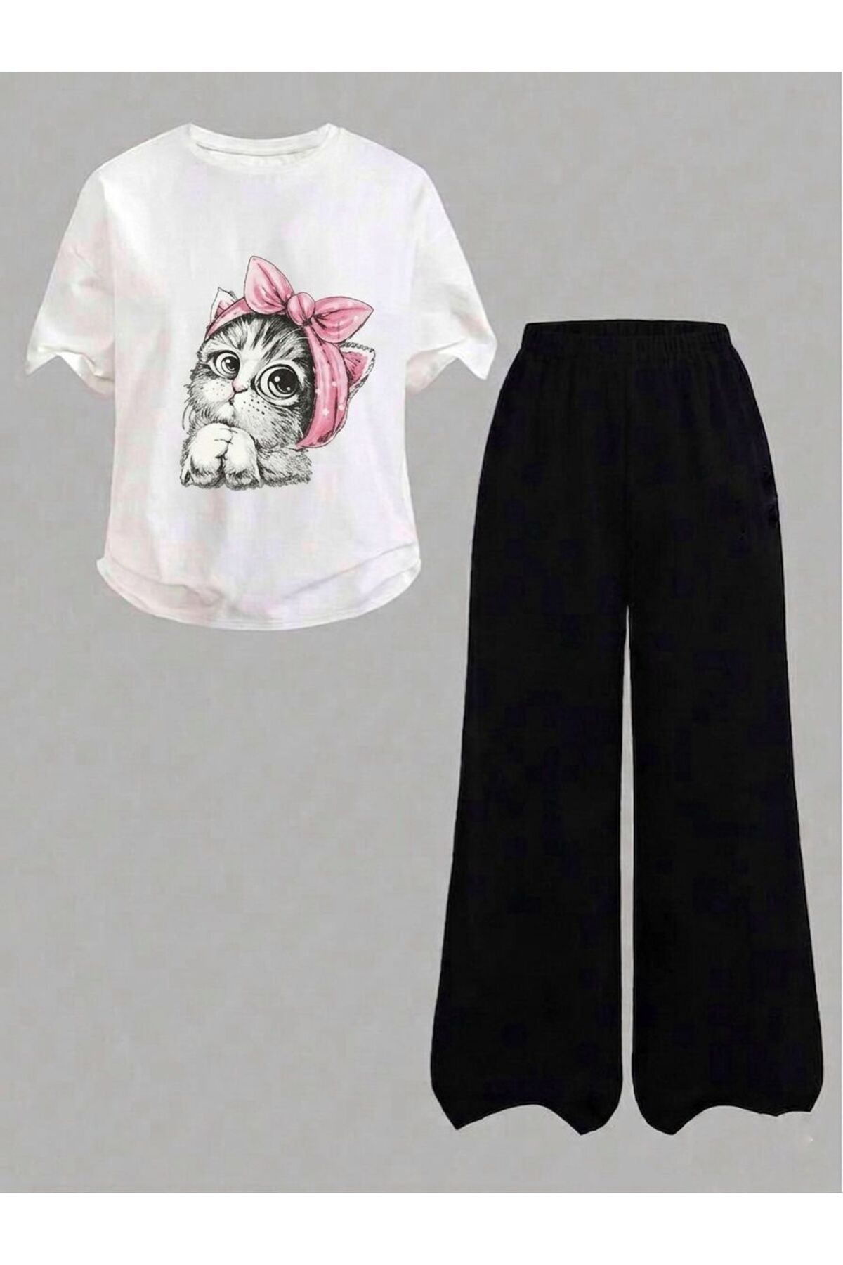 Girls Summer Fabric Pink Bandana Cat Printed White T-Shirt-Wide Leg Black Sweatpants Set