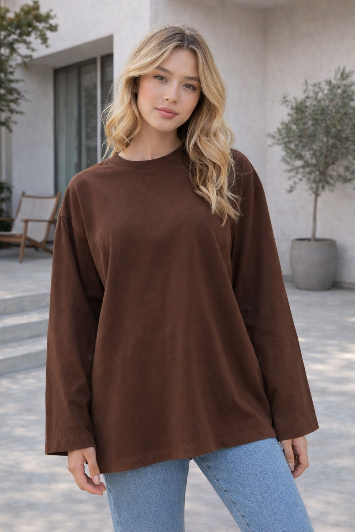 ELİSSE  Kadın 2’li Set Oversize Basic Uzun Kollu Tişört Gri Kahve Salaş Rahat Kalıp - Görsel 5