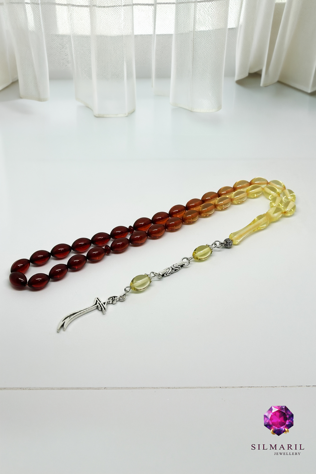 Çay Süzmesi Sıkma Kehribar Tespih Renk Geçişli Damla Kesim Zülfikar Figürlü Püskül Koleksiyonluk — Silmaril Store