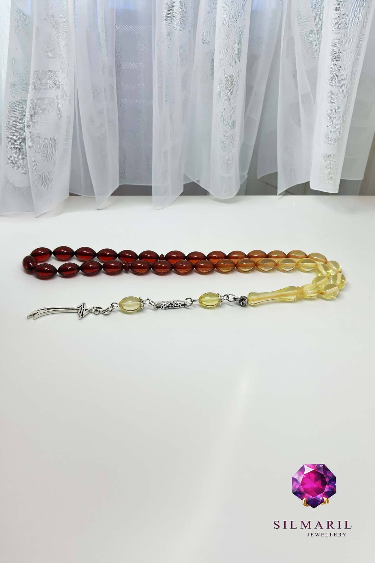 Çay Süzmesi Sıkma Kehribar Tespih Renk Geçişli Damla Kesim Zülfikar Figürlü Püskül Koleksiyonluk — Silmaril Store (4)