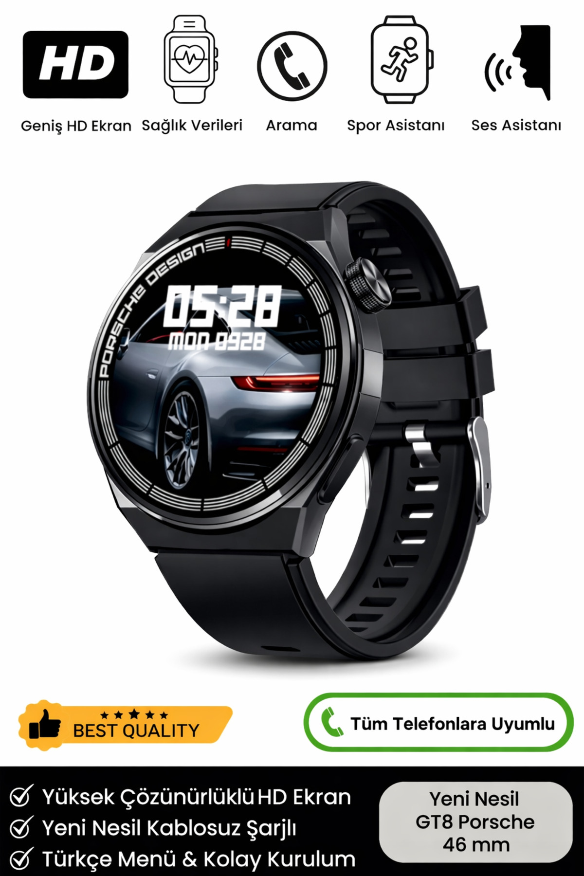 Premium Serisi Gt8 Porsche Kablosuz Şarj Kordon Hediyeli Spor Sağlık Sensörlü Bluetooth Akıllı Saat