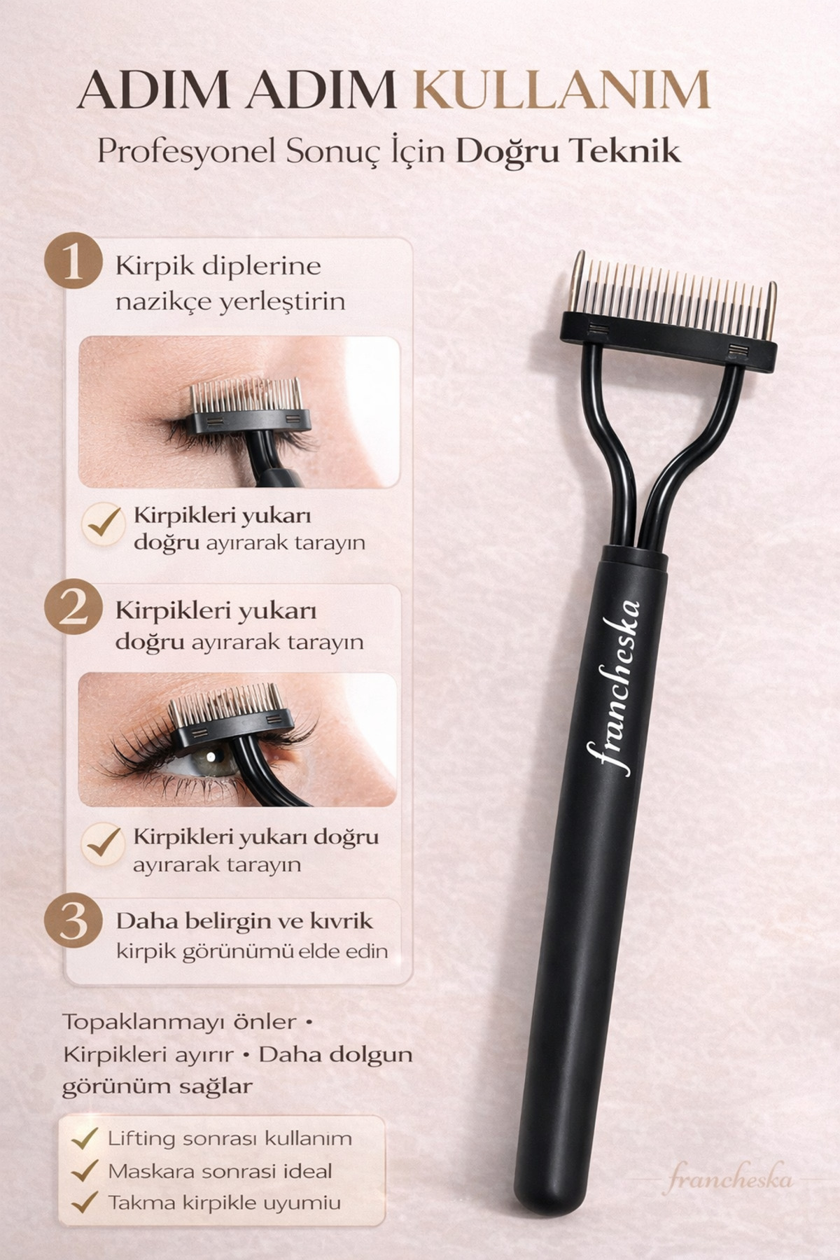Kirpik Ayırıcı ve Şekillendirici Kıvırma Aleti Lifting etkılı Kirpik Tarağı Maskara Sonrası Aparat — مشکی FRCHSK-MTERYAL1 — تصویر 5 از 5