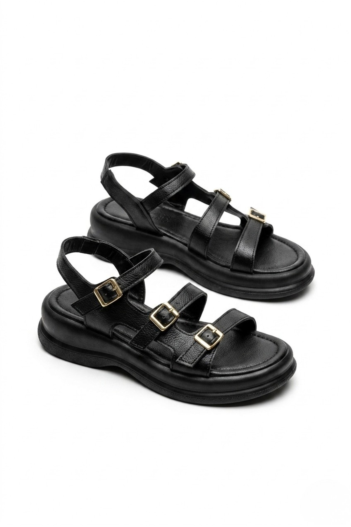 Women's Black Thick Bottom 3 Strap Buckle Casual Casual Sandals