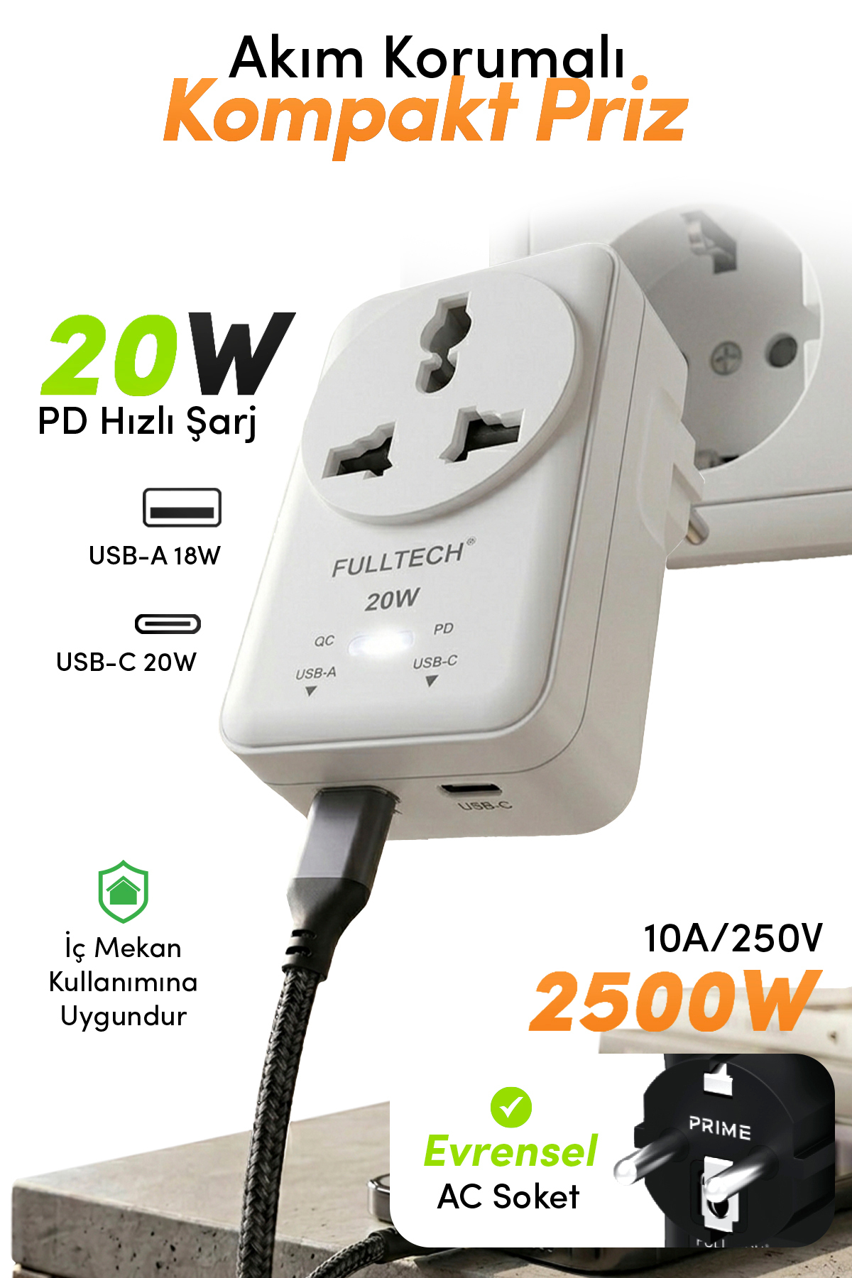 Fulltech FTR-27 20W PD Hızlı Şarjlı Akım Korumalı Kompakt Priz