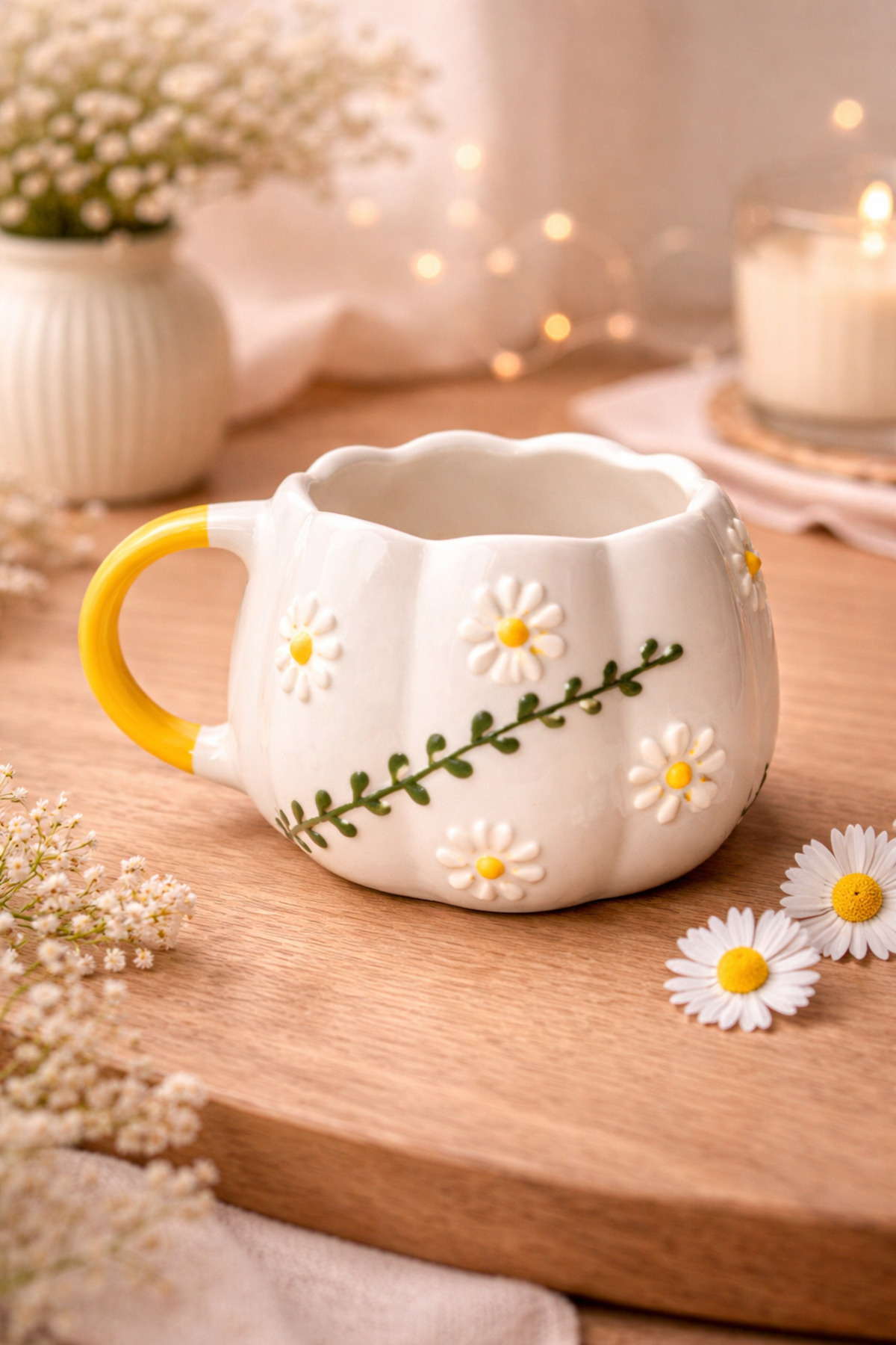 Chamomile Patterned MOUTH WAVE DETAILED Custom Embossed Fully Handmade Ceramic Mug