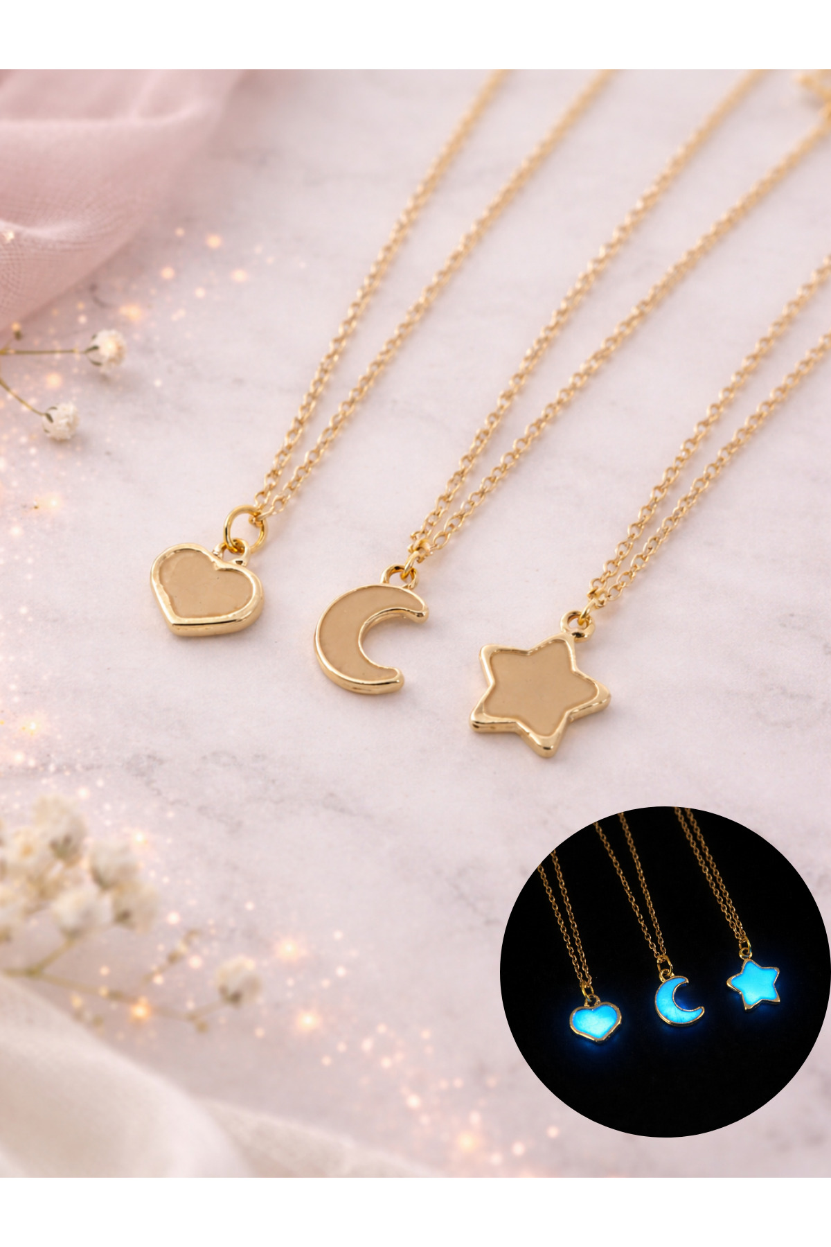 3-Piece Moon Star Heart Glow in the Dark Minimal BFF Women's Necklace Set