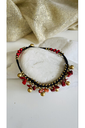 Casa D or Jewelry Vintage Bohem Kırmızı Doğal Taşlı Bakır Zilli El Yapımı Örm...