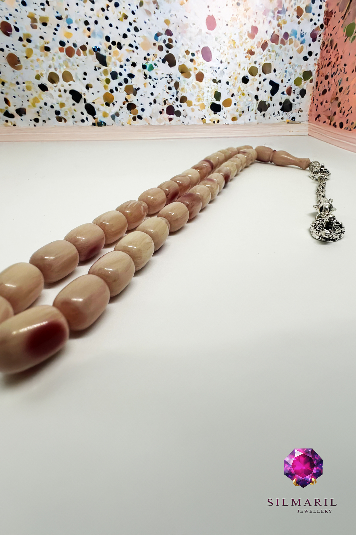 Benekli Kanayan Bağa Tespih | Açık Mor Sıkma Kehribar | Çift Kurt Başı Figür Zamanla Kızaran Tesbih — Silmaril Store (7)