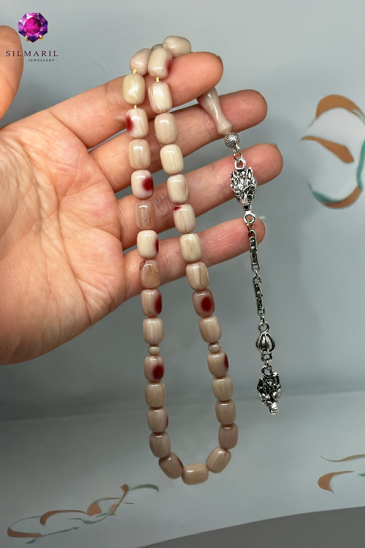 Benekli Kanayan Bağa Tespih | Açık Mor Sıkma Kehribar | Çift Kurt Başı Figür Zamanla Kızaran Tesbih — Silmaril Store (8)