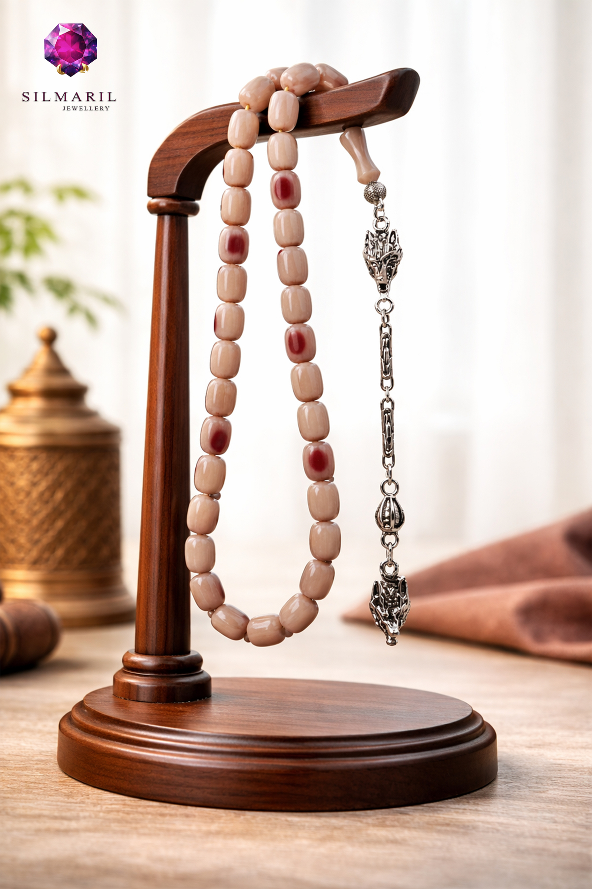 Benekli Kanayan Bağa Tespih | Açık Mor Sıkma Kehribar | Çift Kurt Başı Figür Zamanla Kızaran Tesbih — Silmaril Store