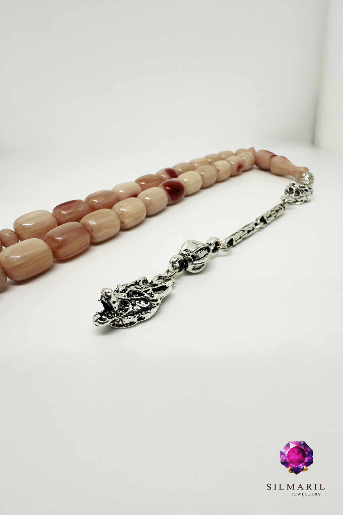 Benekli Kanayan Bağa Tespih | Açık Mor Sıkma Kehribar | Çift Kurt Başı Figür Zamanla Kızaran Tesbih — Silmaril Store (5)