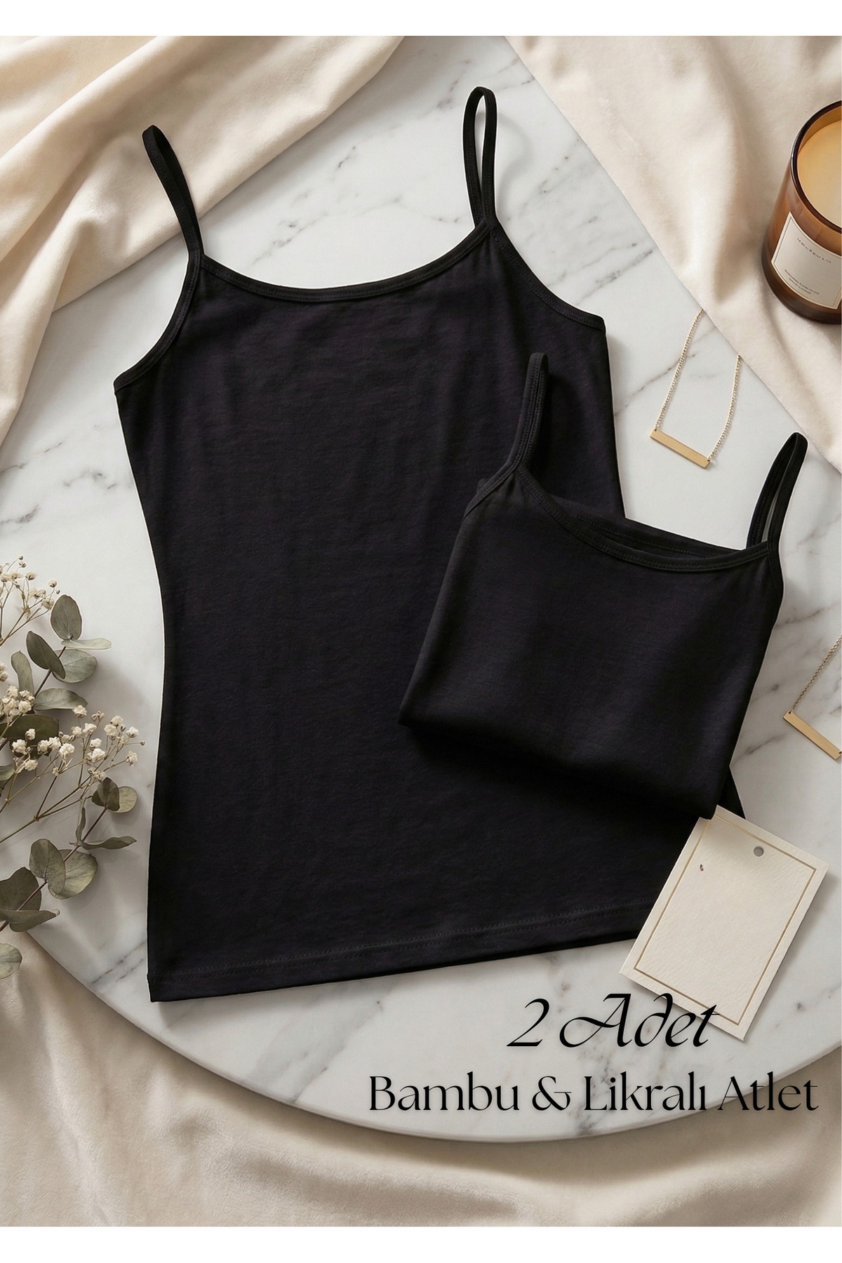 Women's 2-Pack Black Bamboo Lycra Slim Strap Singlet - Silky Texture Stretchy Singlet