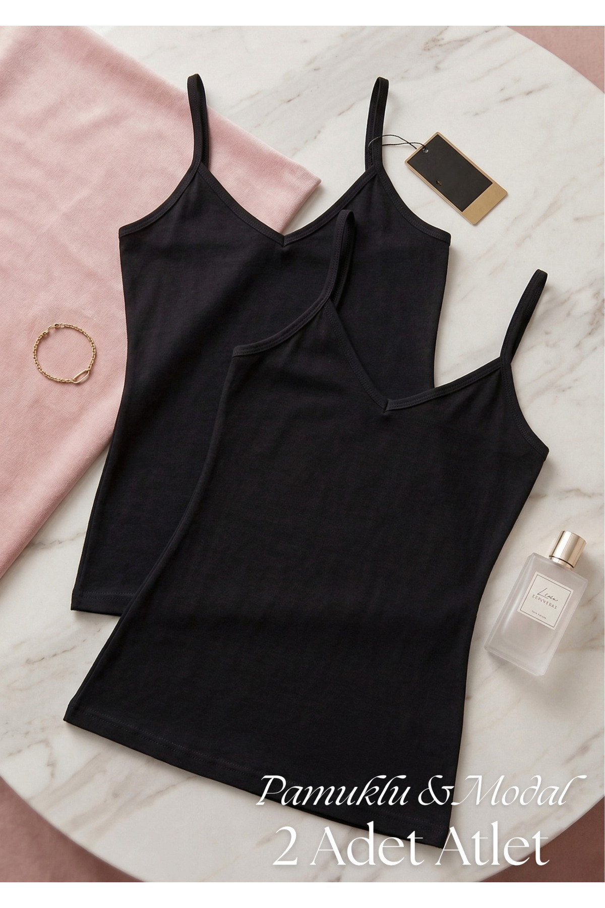 Women's 2-Piece Cotton Modal V-Neck Slim Strap Singlet - Soft Textured Stretchy Singlet