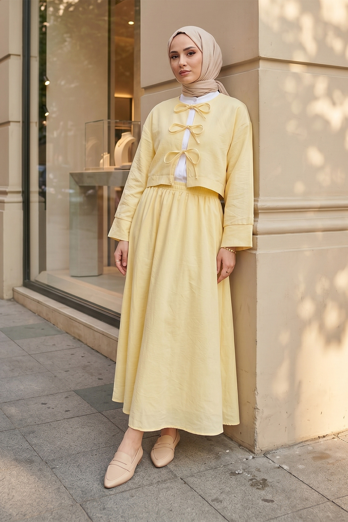 Linen Lace Skirt Blouse Bottom Top Set - Yellow