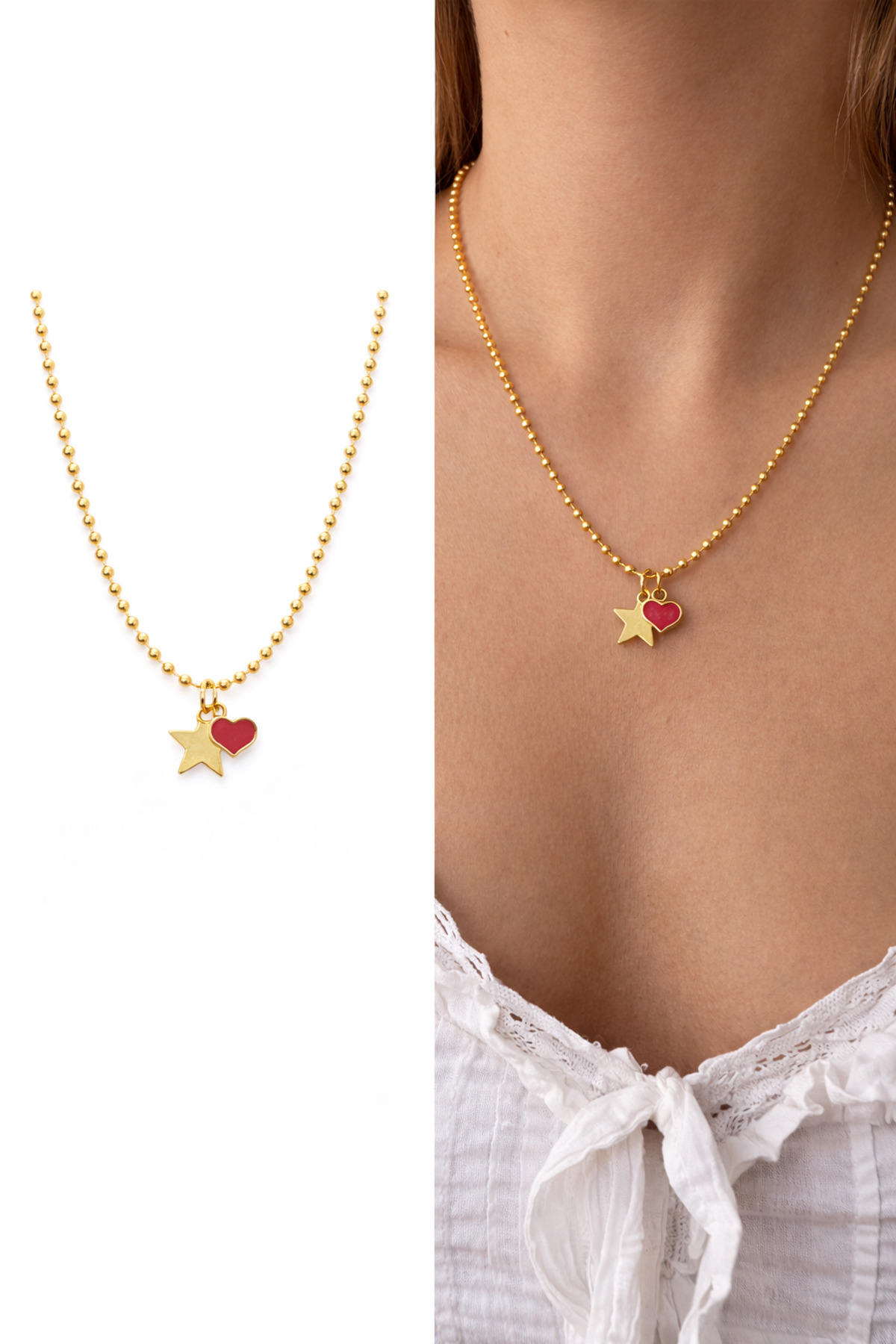 Yıldız Plaka Ve Kırmızı Kalp Charm Top Detaylı Kalın Zincirli 45 Cm Gold Kadın Kolye