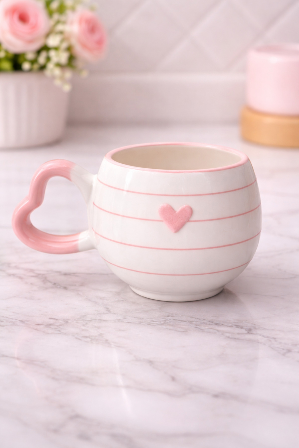 Heart Handle PINK LINE HEART PATTERN Custom Embossed All Handmade Ceramic Mug