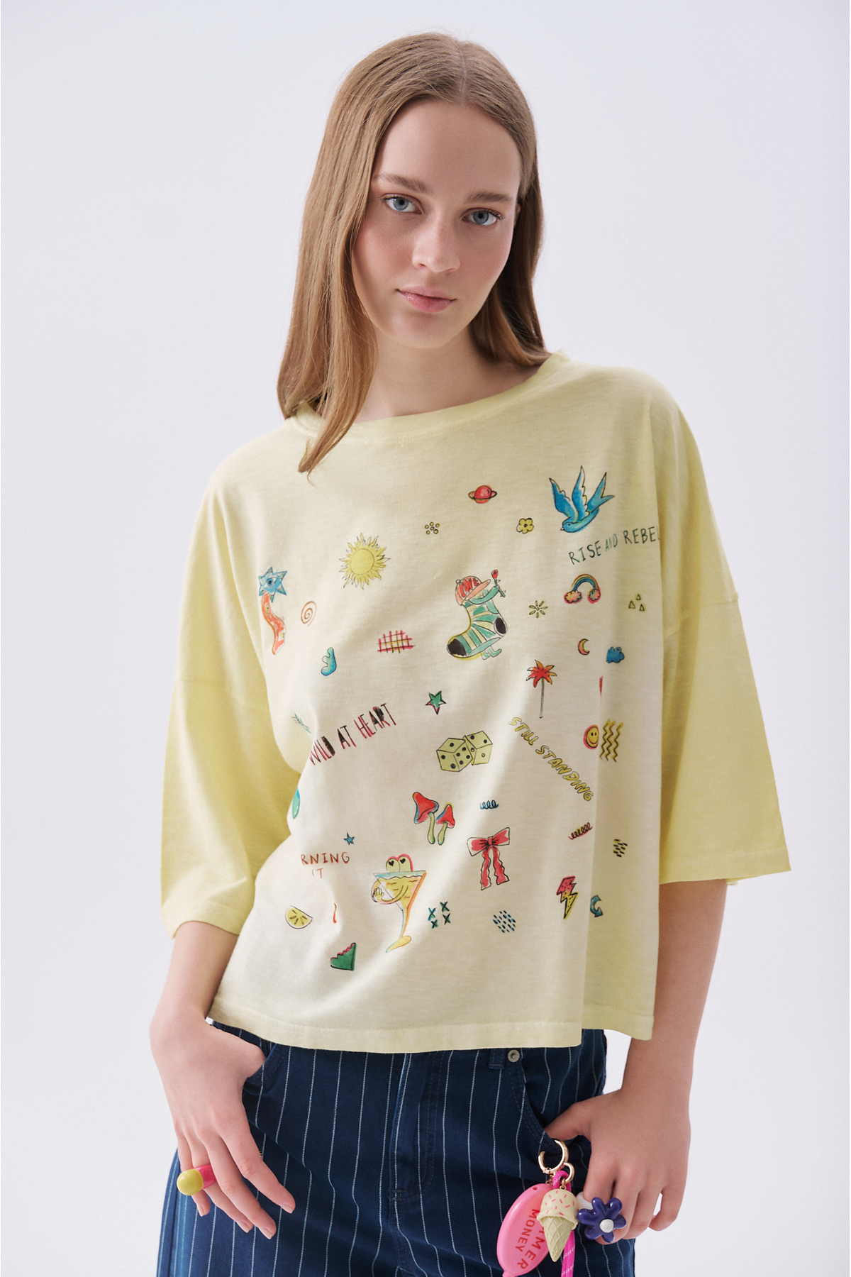 Mudo Women's Yellow Printed Loose Fit Low Sleeve T-Shirt