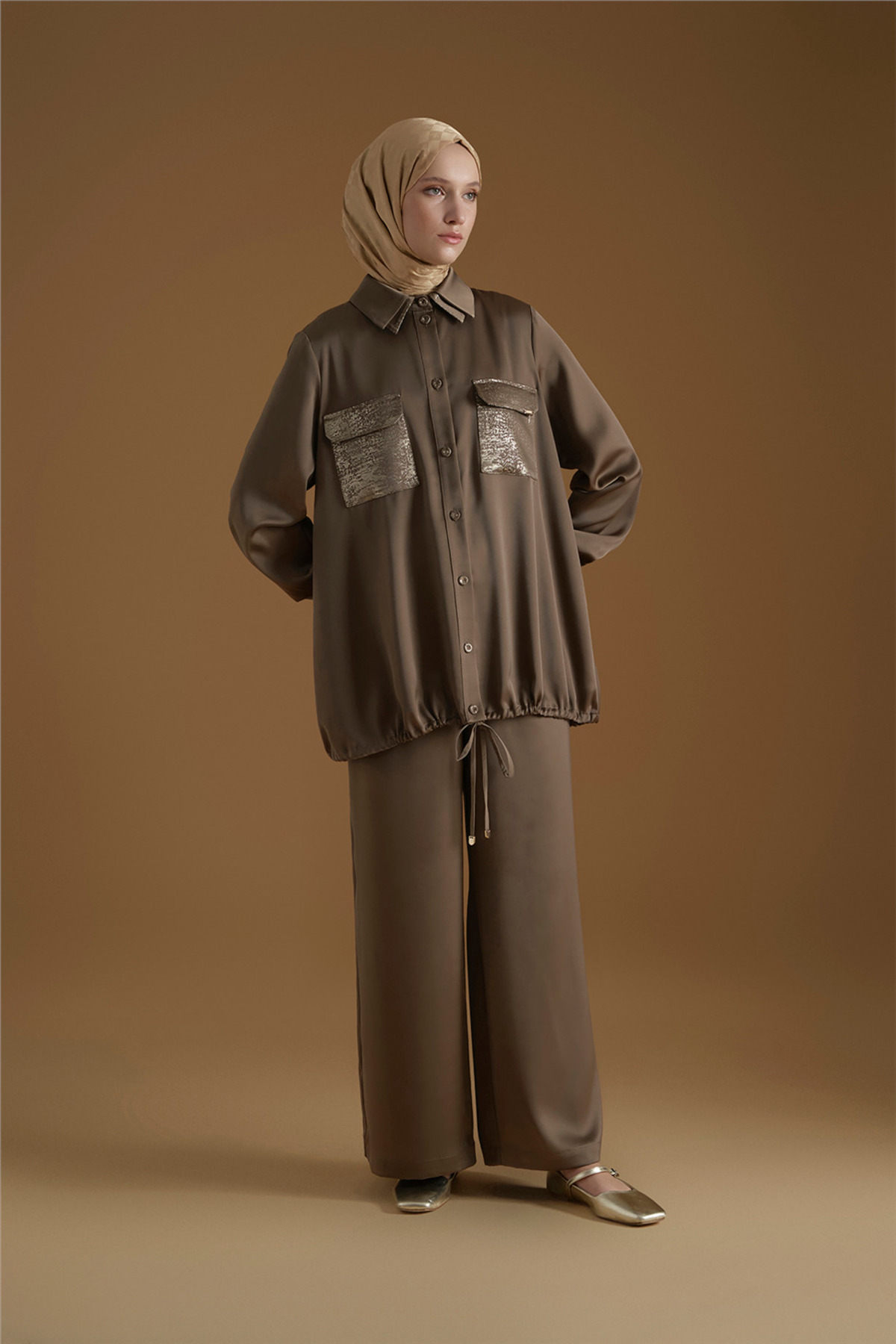 Armine Mixli Satin Suit Khaki