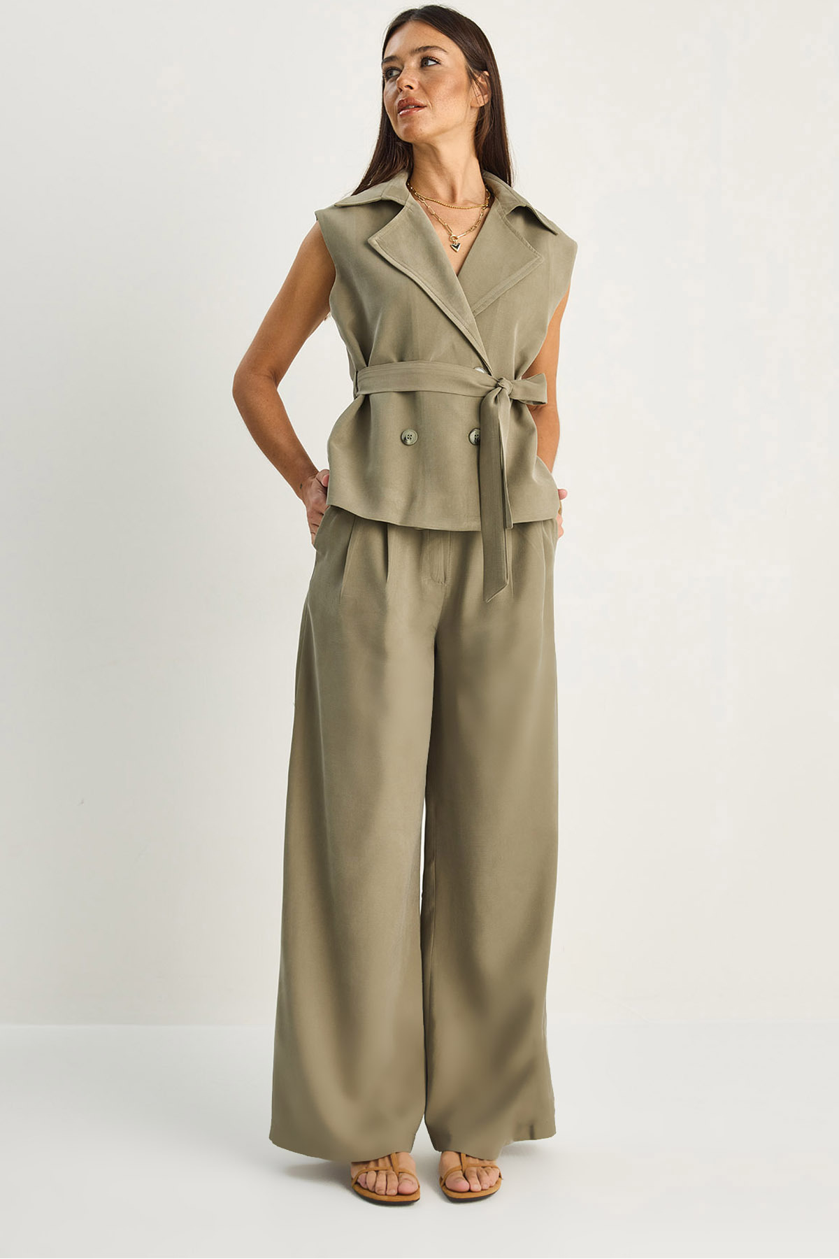 Women's Wrap Collar Classic Vest with Belt High Waist Palazzo Pants Modal Set 9418 60286159