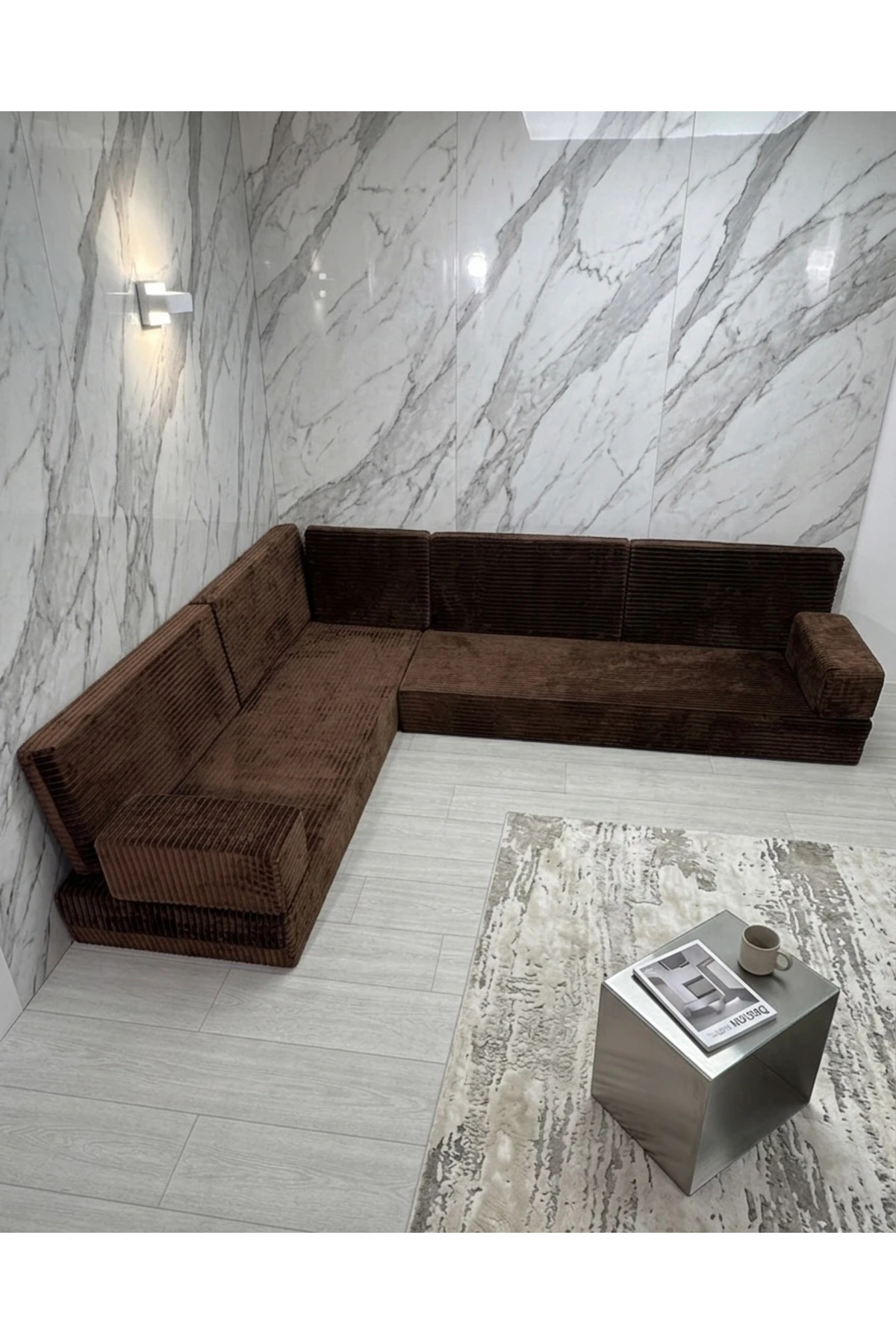 Premium Velvet Fabric, Comfort Floor Sofa ,Modular Oriental Corner Set - Brown- L SET
