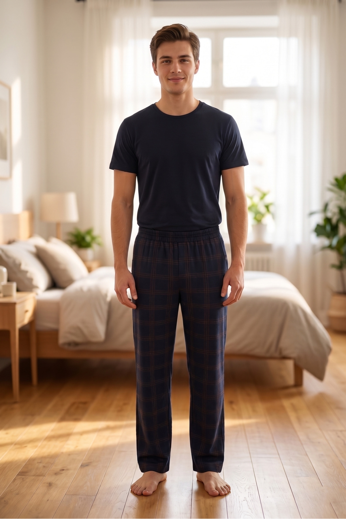 Men's Plaid Printed Cotton Pocketless Elastic Waist Pajamas Bottom Navy Blue