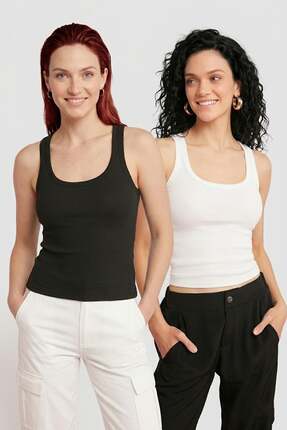 Lady Bom Kadın 2'li Set Premium Ribanalı Kaşkorse Atlet Siyah-Beyaz Basic Fit...
