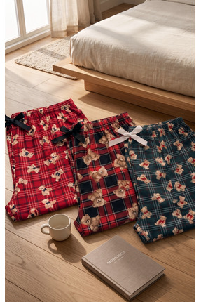 Pijahane Kadın 3’lü Pijama Altı Seti | Ayıcık Desenli Ekose Rahat Kalıp Lasti...