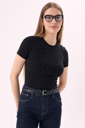 CrepTekstil Crep Kadın Taşlı Kısa Kollu T Shirt Slim Fit Viskon Ribana Siyah