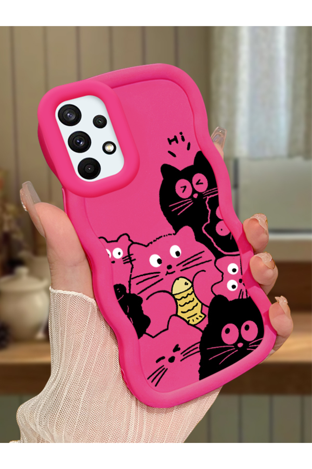 Samsung Galaxy A73 Compatible fuchsia Silicone Case Camera Shock Absorbing Design with Cat Pattern