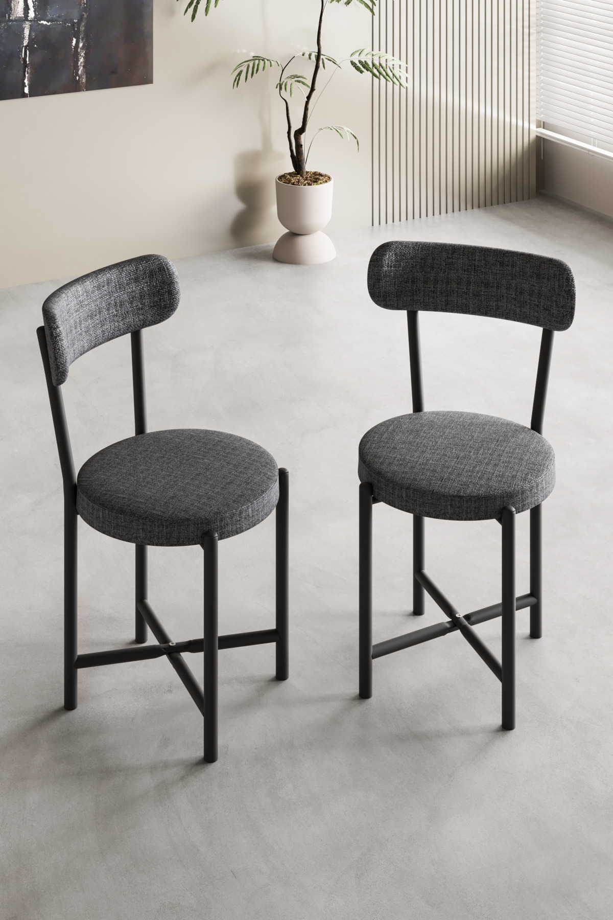 Sandalye 2 Adet Keten Kumaş Metal Ayak Modern Mutfak Sandalyesi Cafe Balkon Ofis Teddy 9813 Antrasit görsel 4