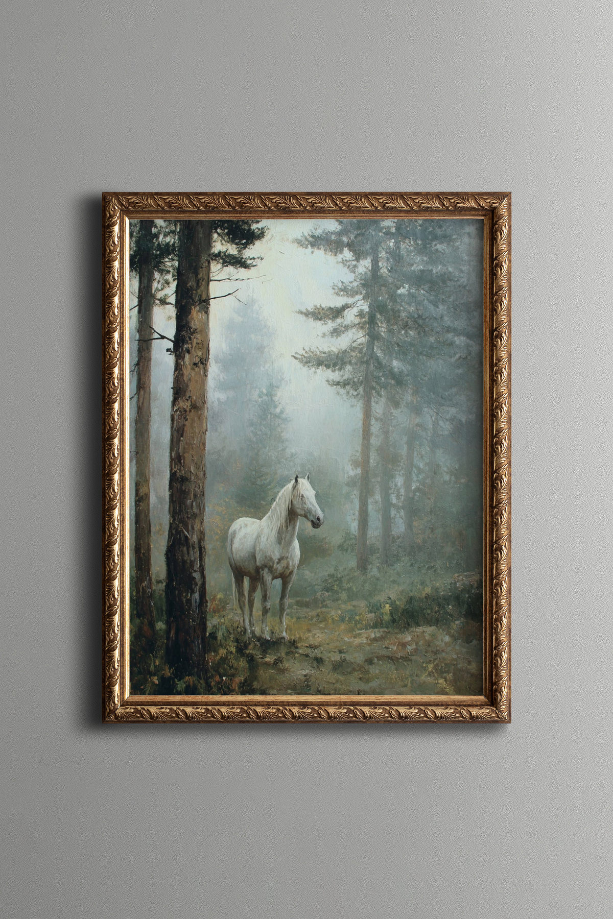 White Horse in the Misty Forest - Vintage Patterned Frame - Slim Model