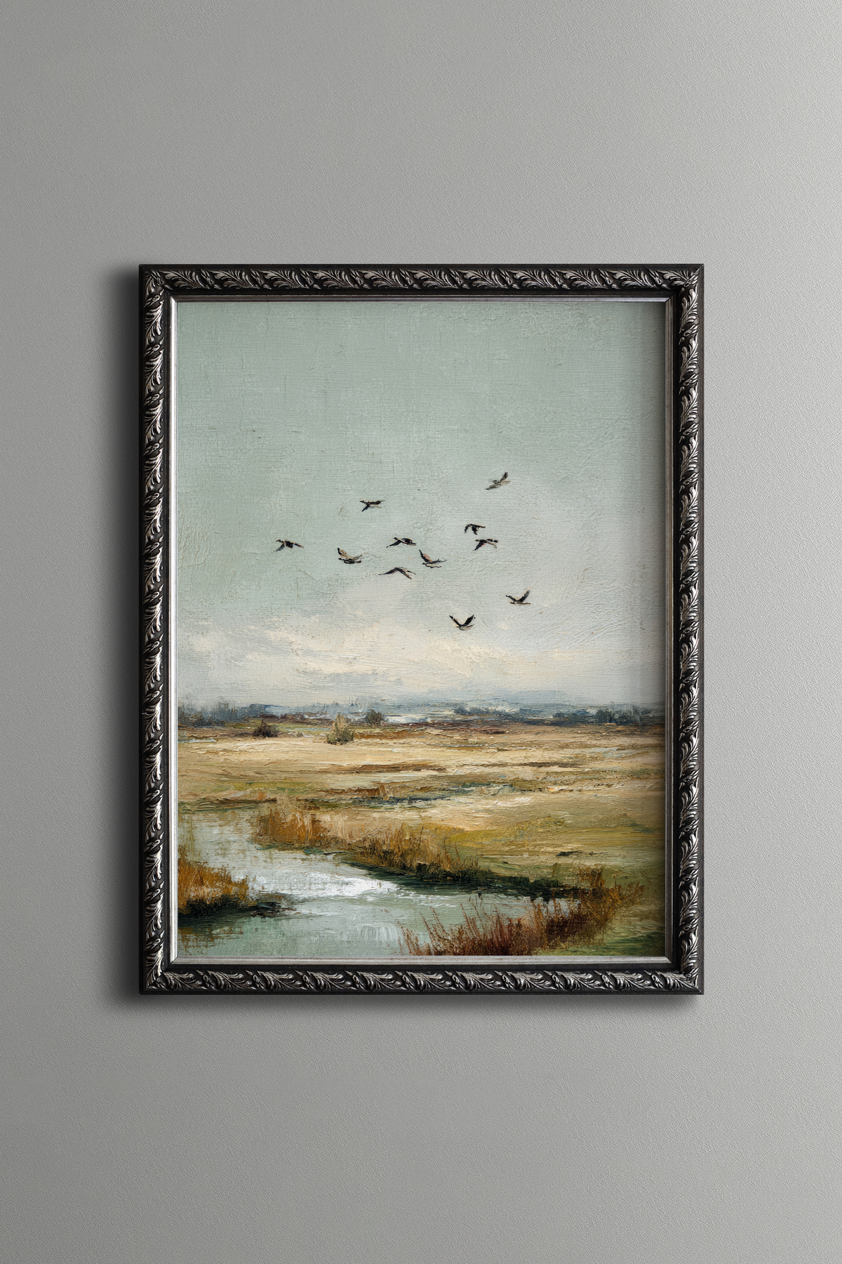 Flying Birds and Rural Landscape - Vintage Patterned Frame - Slim Pattern